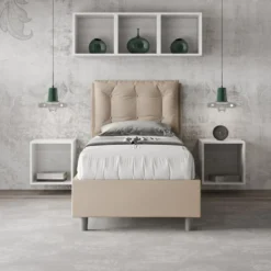 Letto 80x190cm a una piazza contenitore con bottoni in similpelle tortora LIT38