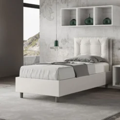 Letto 80x190cm a una piazza contenitore con bottoni in similpelle bianco LIT38