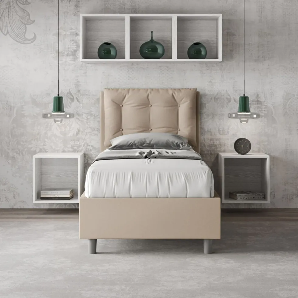 Letto 80x210cm a una piazza contenitore con bottoni tortora LIT42