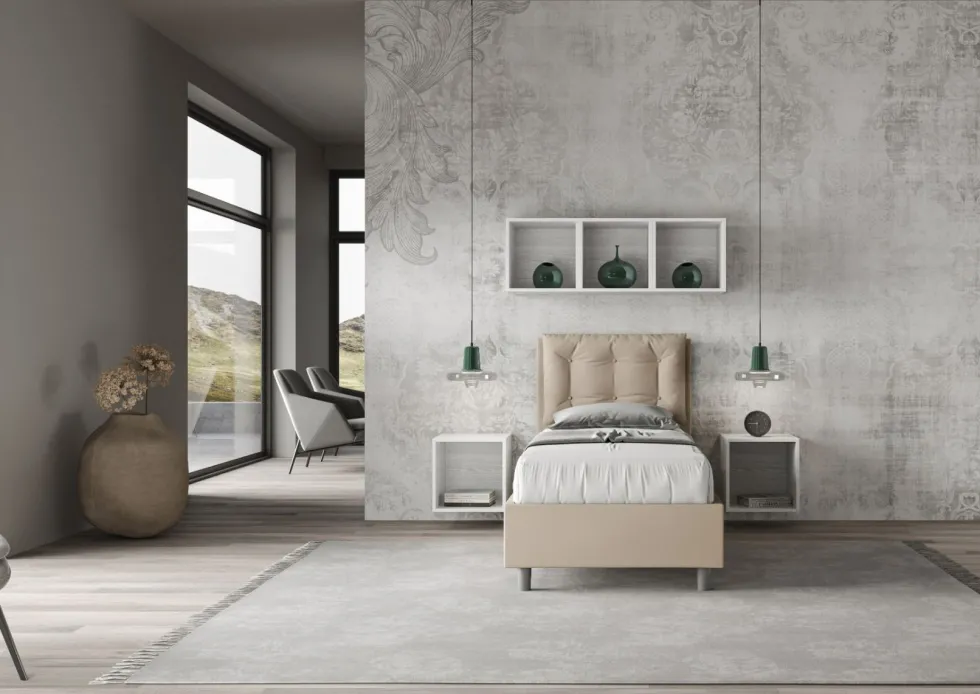 Letto 80x210cm a una piazza contenitore con bottoni tortora LIT42