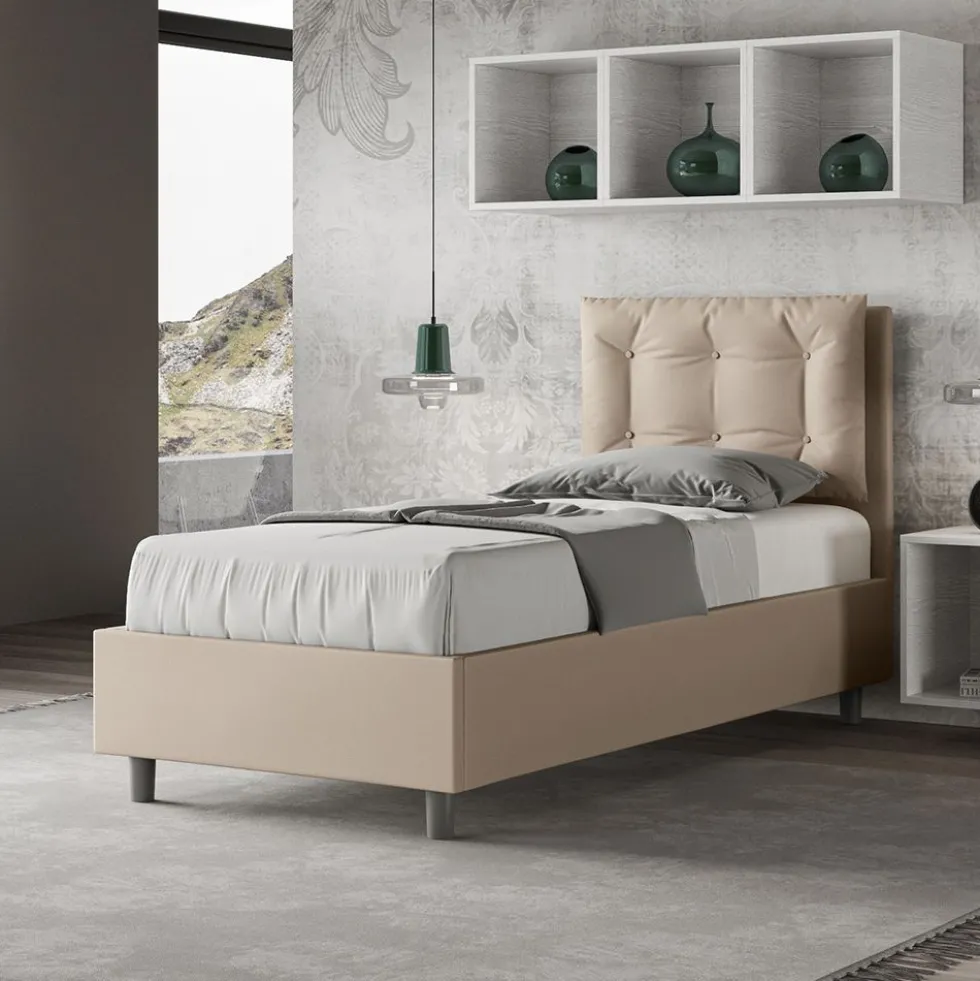 Letto 80x210cm a una piazza contenitore con bottoni tortora LIT42