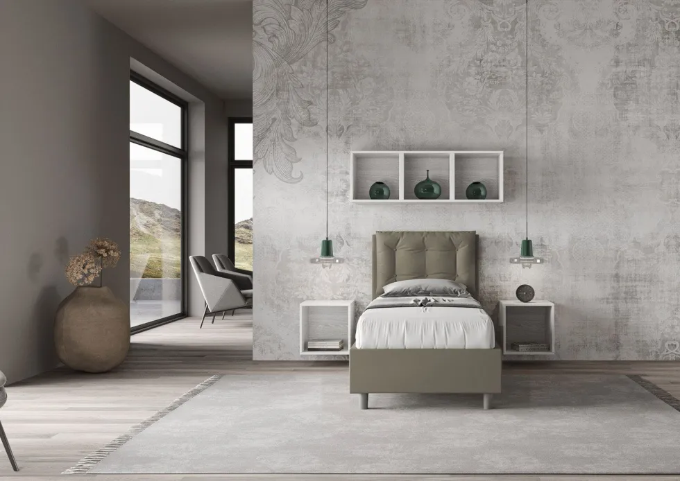 Letto 80x210cm a una piazza contenitore con bottoni cappuccino LIT42