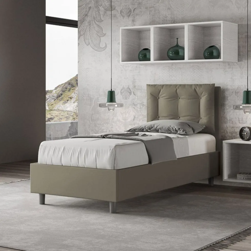 Letto 80x210cm a una piazza contenitore con bottoni cappuccino LIT42
