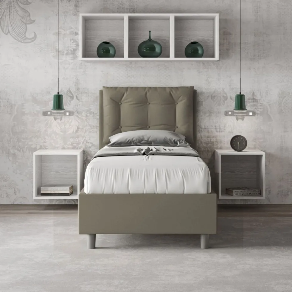 Letto 80x210cm a una piazza contenitore con bottoni cappuccino LIT42