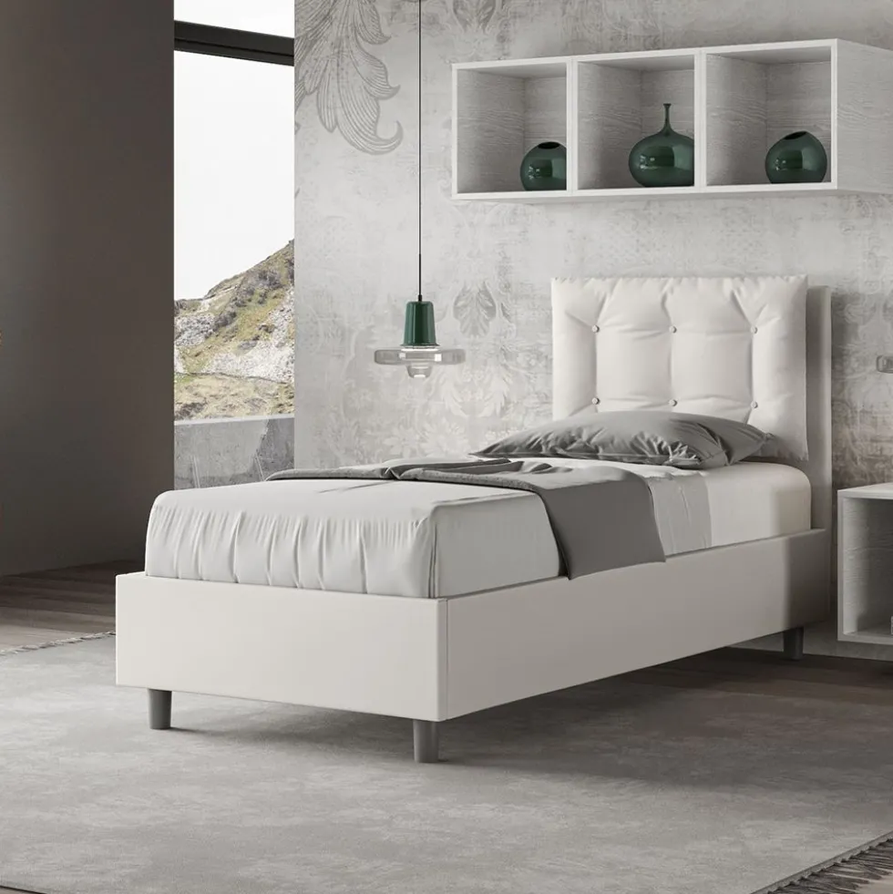 Letto 80x210cm a una piazza contenitore con bottoni bianco LIT42
