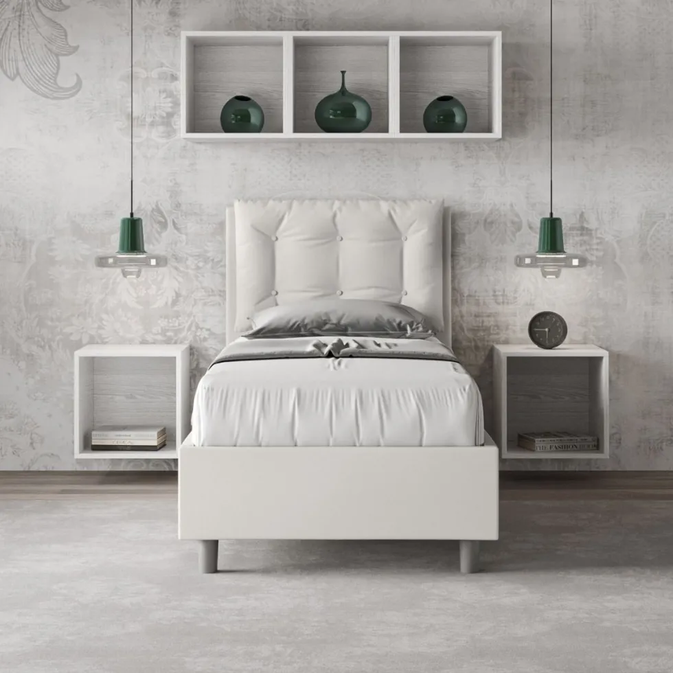 Letto 80x210cm a una piazza contenitore con bottoni bianco LIT42