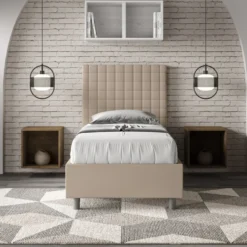 Letto 90x210cm a una piazza con testiera a quadretti in similpelle tortora LIT127