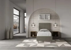 Letto 90x210cm a una piazza con testiera a quadretti in similpelle cappuccino LIT127