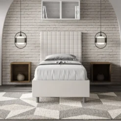 Letto 90x200cm a una piazza con testiera a quadretti in similpelle bianco LIT125
