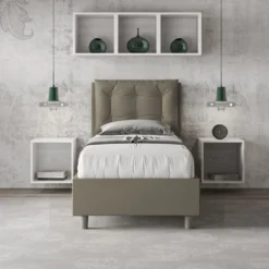 Letto 80x210cm a una piazza con testiera imbottita e bottoni cappuccino LIT41