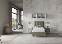 Letto 80x210cm a una piazza con testiera imbottita e bottoni cappuccino LIT41
