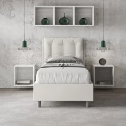 Letto 80x210cm a una piazza con testiera imbottita e bottoni bianco LIT41
