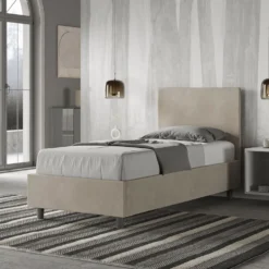Letto 90x210cm a una piazza con testiera liscia in microfibra sabbia beige LIT103