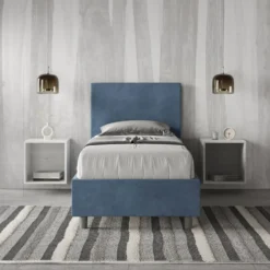 Letto 90x210cm a una piazza con testiera liscia in microfibra blu LIT103