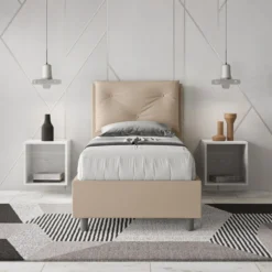 Letto 80x190cm a una piazza con tre bottoni in similpelle tortora LIT43