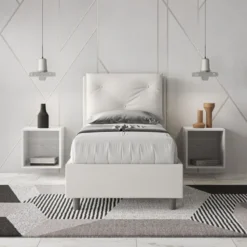 Letto 80x190cm a una piazza con tre bottoni in similpelle bianco LIT43