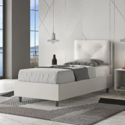 Letto 80x190cm a una piazza con tre bottoni in similpelle bianco LIT43