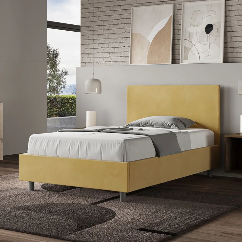 Letto 120x200cm a una piazza e mezza con testiera in microfibra ocra LIT153