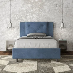 Letto 120x210cm a una piazza e mezza con tre bottoni in microfibra blu LIT187