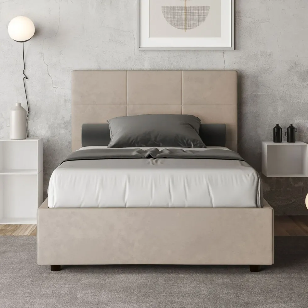 Letto 120x200cm a una piazza e mezza con giroletto in microfibra sabbia beige LIT195