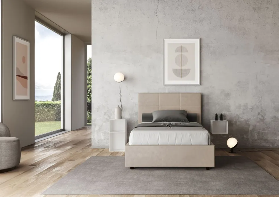 Letto 120x200cm a una piazza e mezza con giroletto in microfibra sabbia beige LIT195