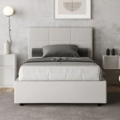 Letto 120x200cm a una piazza e mezza con giroletto in similpelle bianco LIT193
