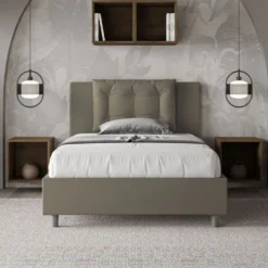 Letto 120x210cm a una piazza e mezza con bottoni in similpelle cappuccino LIT175