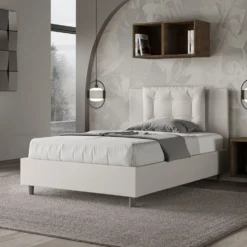Letto 120x210cm a una piazza e mezza con bottoni in similpelle bianco LIT175