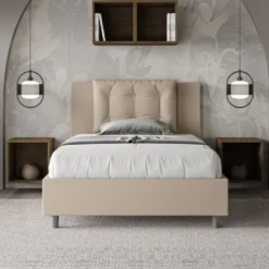 Letto 120x200cm a una piazza e mezza con bottoni in similpelle tortora LIT173