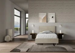 Letto 120x190cm a una piazza e mezza con testiera in microfibra sabbia beige LIT149
