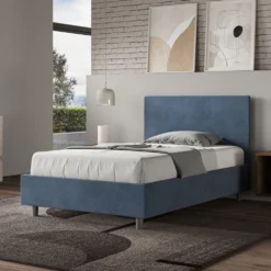 Letto 120x190cm a una piazza e mezza con testiera in microfibra blu LIT149