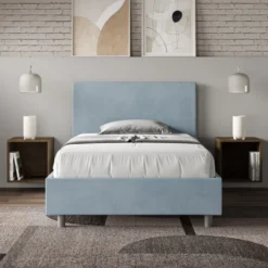 Letto 120x190cm a una piazza e mezza con testiera in microfibra azzurro LIT149