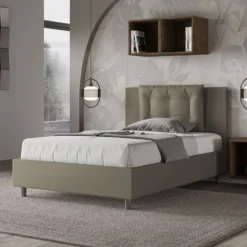 Letto 120x190cm a una piazza e mezza con bottoni in similpelle cappuccino LIT171
