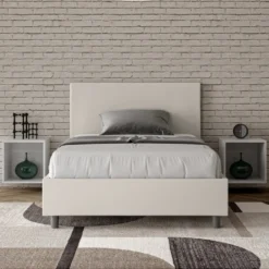 Letto 120x210cm a una piazza e mezza con testiera in similpelle bianco LIT155