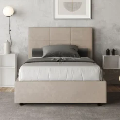 Letto 120x210cm a una piazza e mezza con giroletto in microfibra sabbia beige LIT199