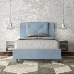 Letto 120x200cm a una piazza e mezza con tre bottoni in microfibra azzurro LIT183