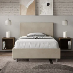 Letto 120x210cm a una piazza e mezza con testiera in microfibra sabbia beige LIT157
