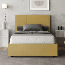 Letto 120x190cm a una piazza e mezza con giroletto in microfibra ocra LIT191