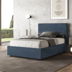 Letto 120x190cm a una piazza e mezza con giroletto in microfibra blu LIT191