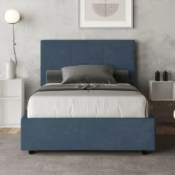 Letto 120x190cm a una piazza e mezza con giroletto in microfibra blu LIT191