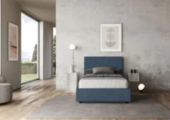 Letto 120x190cm a una piazza e mezza con giroletto in microfibra blu LIT191