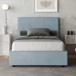 Letto 120x190cm a una piazza e mezza con giroletto in microfibra azzurro LIT191