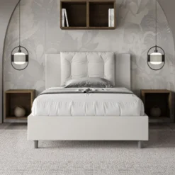 Letto 120x190cm a una piazza e mezza con bottoni in similpelle bianco LIT171