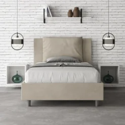Letto 120x210cm a una piazza e mezzo con cuscino in microfibra sabbia beige LIT169
