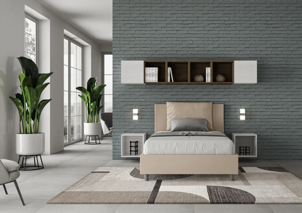 Letto 120x200cm a una piazza e mezzo con cuscino in similpelle tortora LIT163