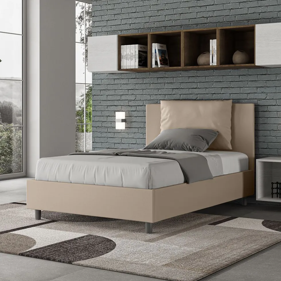 Letto 120x200cm a una piazza e mezzo con cuscino in similpelle tortora LIT163