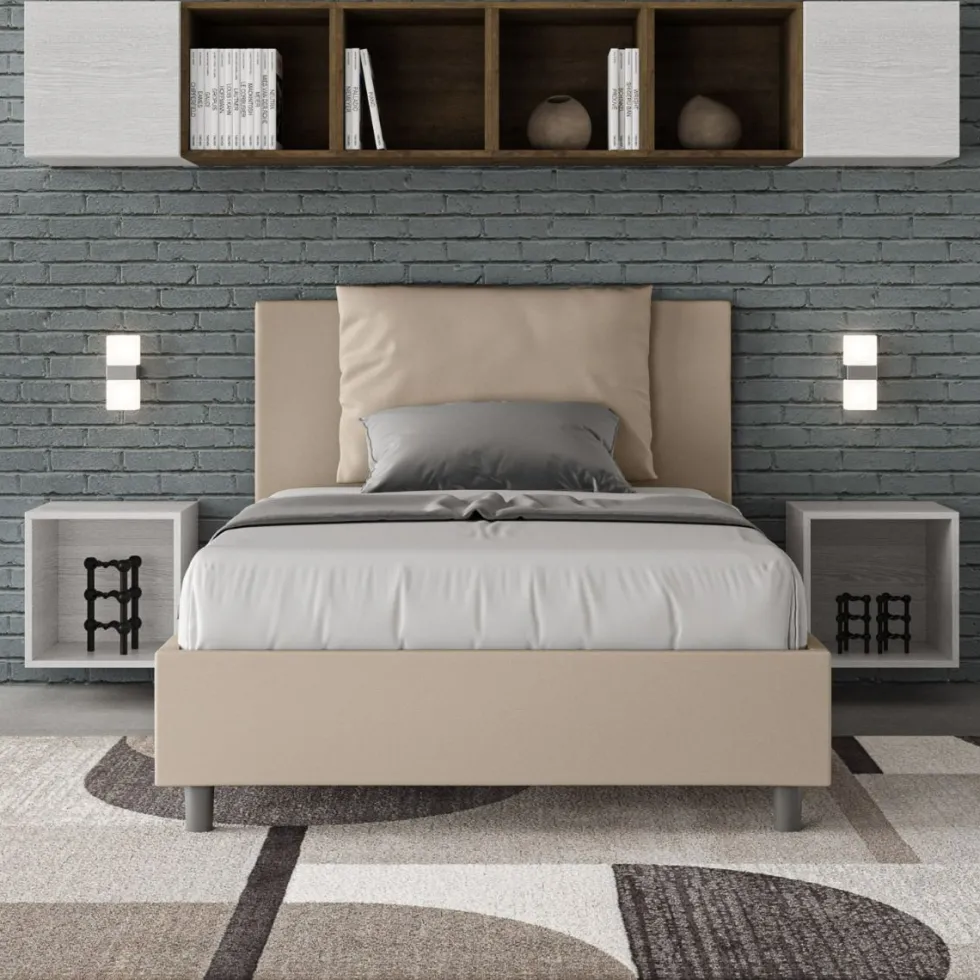 Letto 120x200cm a una piazza e mezzo con cuscino in similpelle tortora LIT163