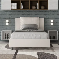 Letto 120x200cm a una piazza e mezzo con cuscino in similpelle bianco LIT163