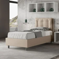 Letto 80x190cm a una piazza singolo con bottoni in similpelle tortora LIT37