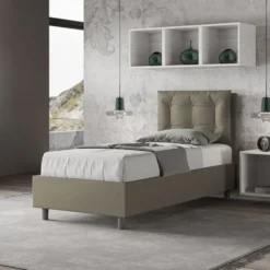 Letto 80x190cm a una piazza singolo con bottoni in similpelle cappuccino LIT37